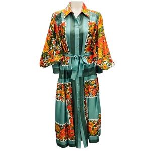 ALEMAIS GREEN / ORANGE MULTI FLORAL PRINTED SILK MIDI DRESS WITH BELT
